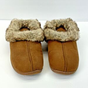 Dearfoams Slippers Womens 8 Slip On Mules Faux Fur Round Toe Comfort Brown